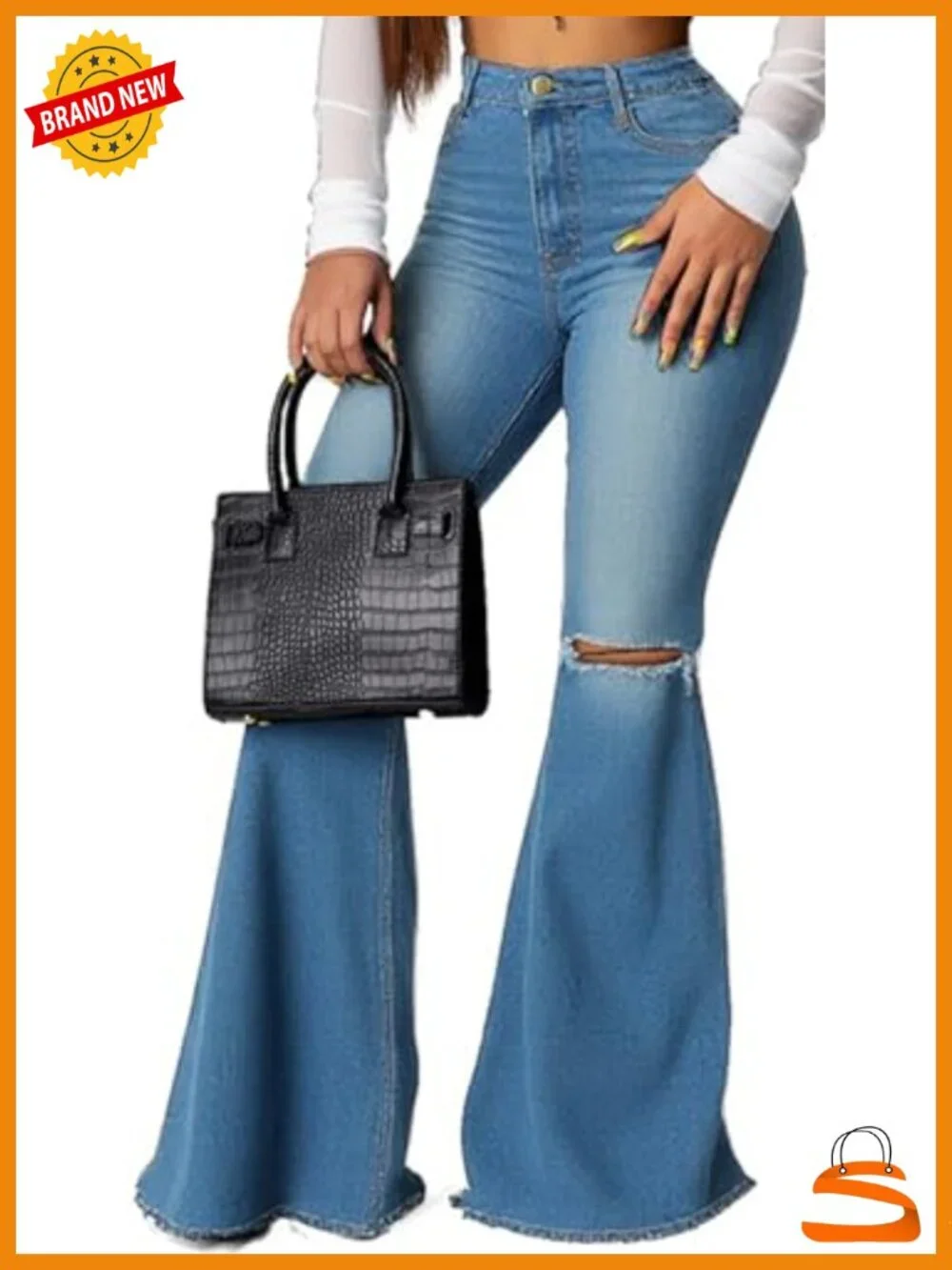 Bell Bottom Jeans Women High Waisted Elastic Raw Hem Denim Flare Pants Vintage